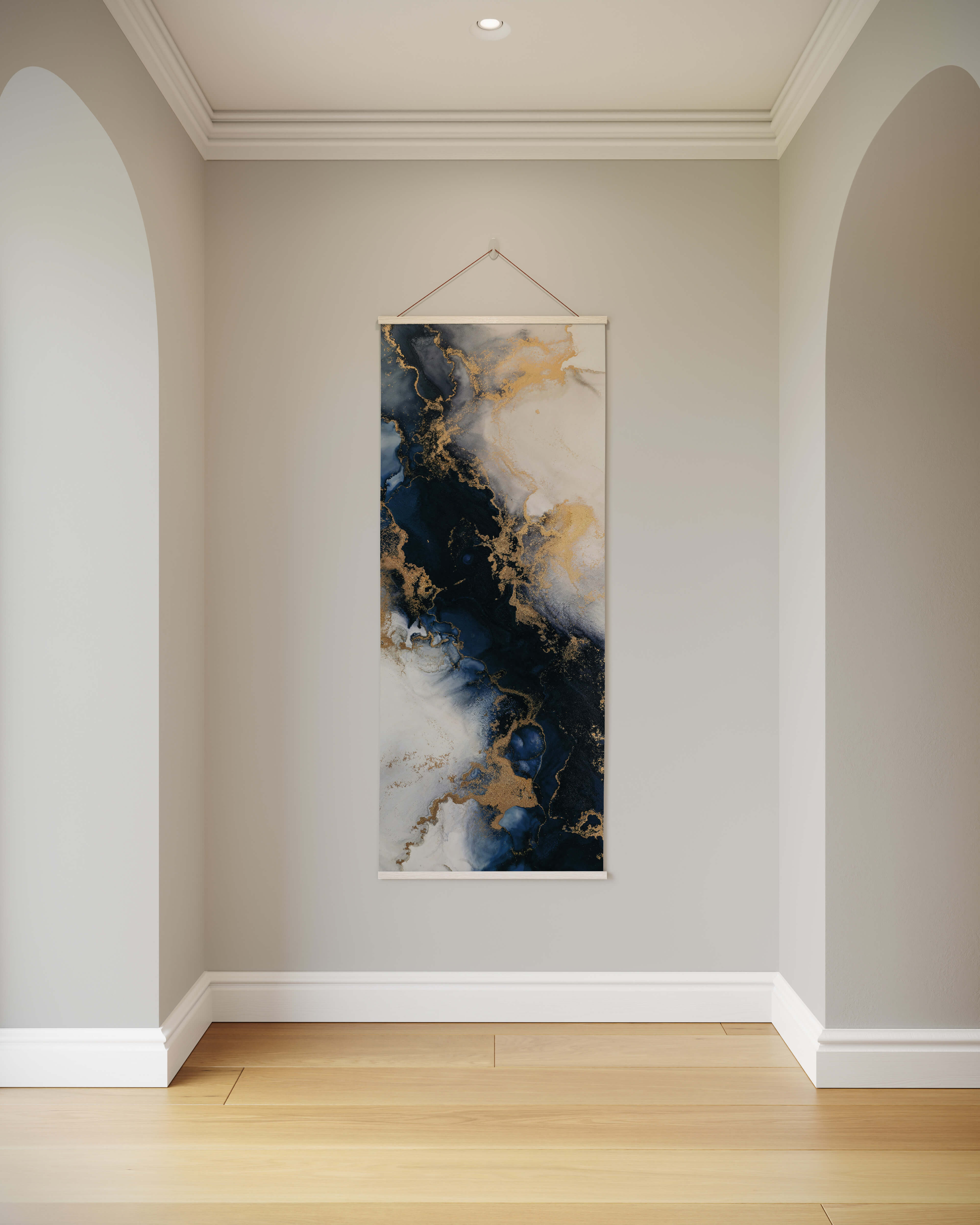 A colourful marble tapestry with swirling navy blue gold and cream hues in a marbled design and thin white border