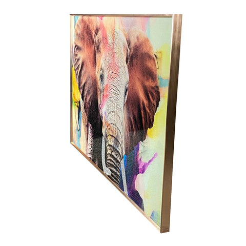 A vibrant paint splash elephant glass art picture in a rose gold frame from colours of the wild collection