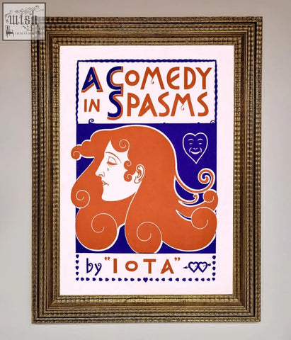 Framed art nouveau comedy poster vintage with stylized woman and flowing orange hair on blue background by iota