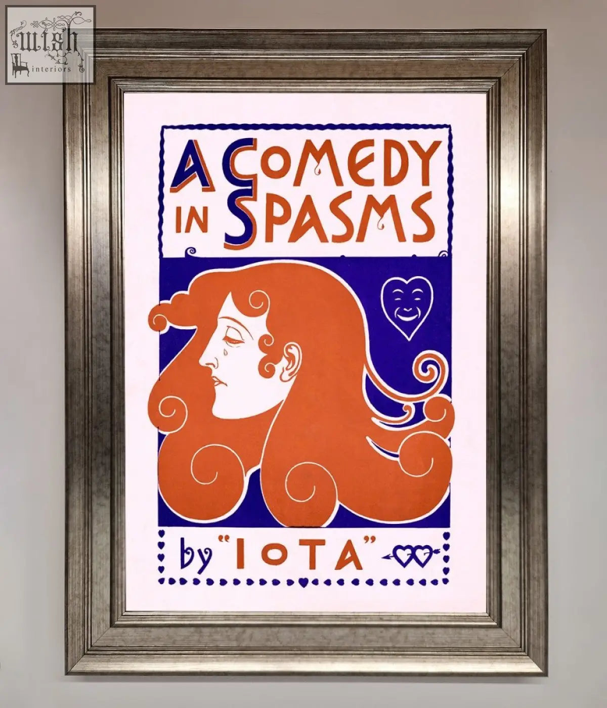 A vintage framed poster featuring a comedy poster vintage style with a woman and flowing orange hair on blue background