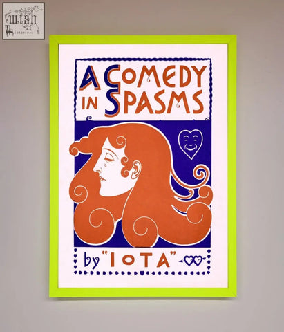 A vibrant lime green framed comedy poster vintage featuring an art nouveau woman with orange hair on blue background