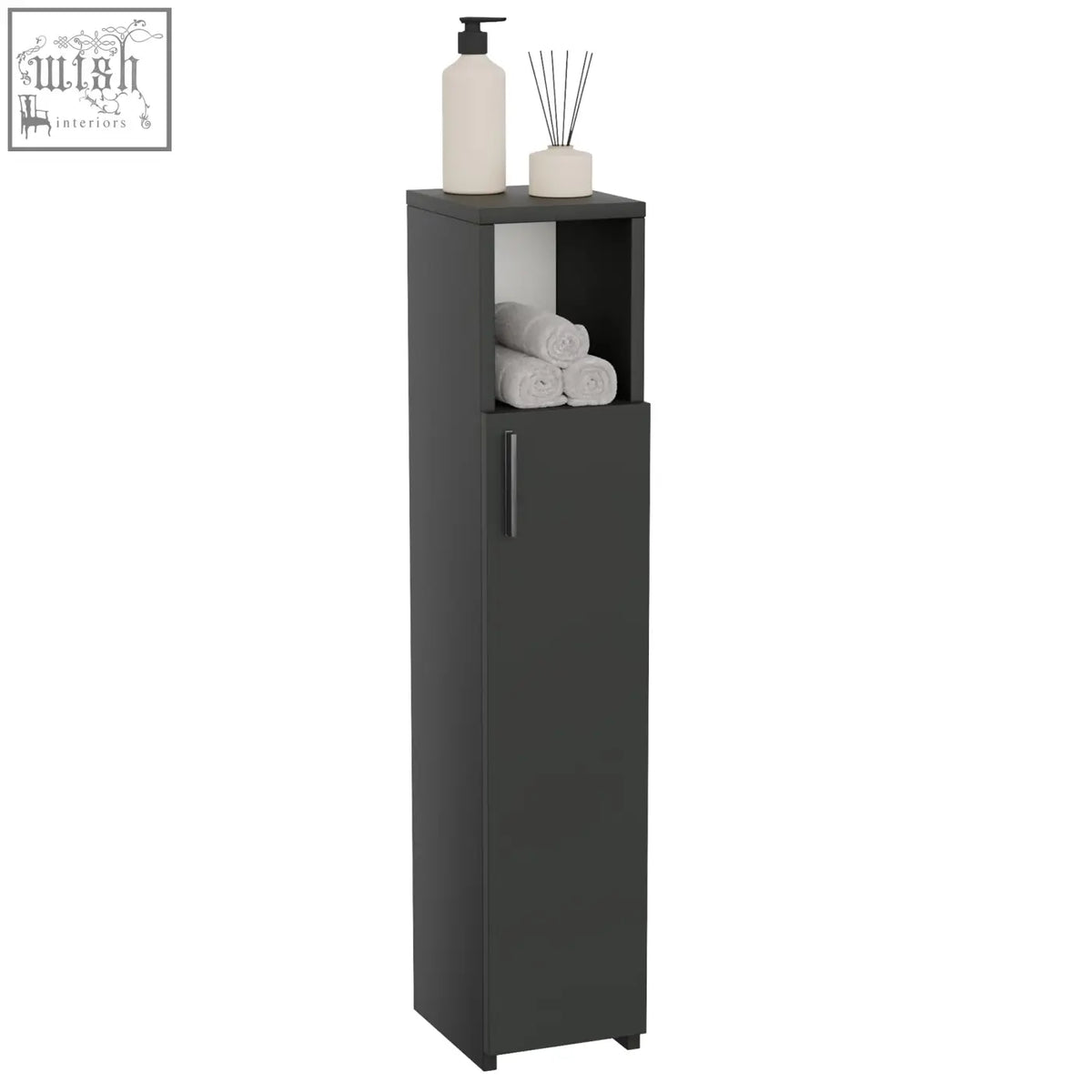 Dark gray tall bathroom cabinet with single door and open shelf holding white towels for bathroom or living room storage
