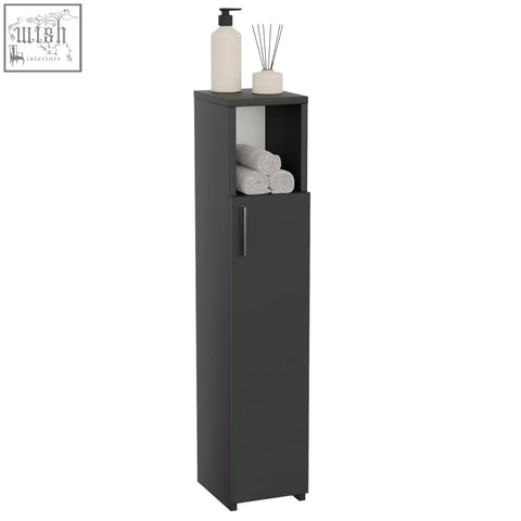 Dark gray tall bathroom cabinet with single door and open shelf holding white towels for bathroom or living room storage