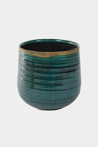 Teal ceramic como hand finished pot with horizontal ridges and gold toned rim featuring premium glaze
