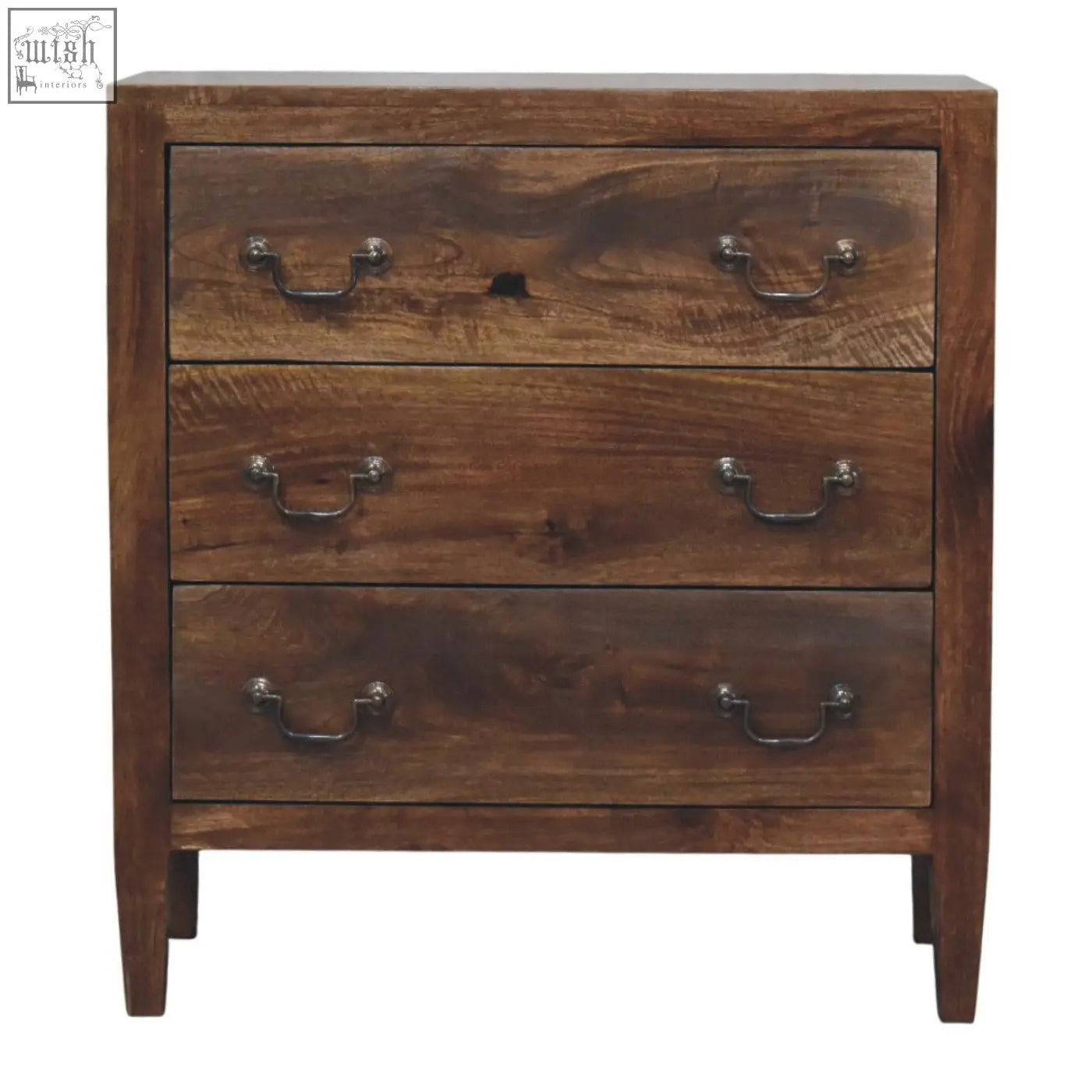 Compact three drawer chest in dark brown wood with silver metal handles perfect for small spaces storage