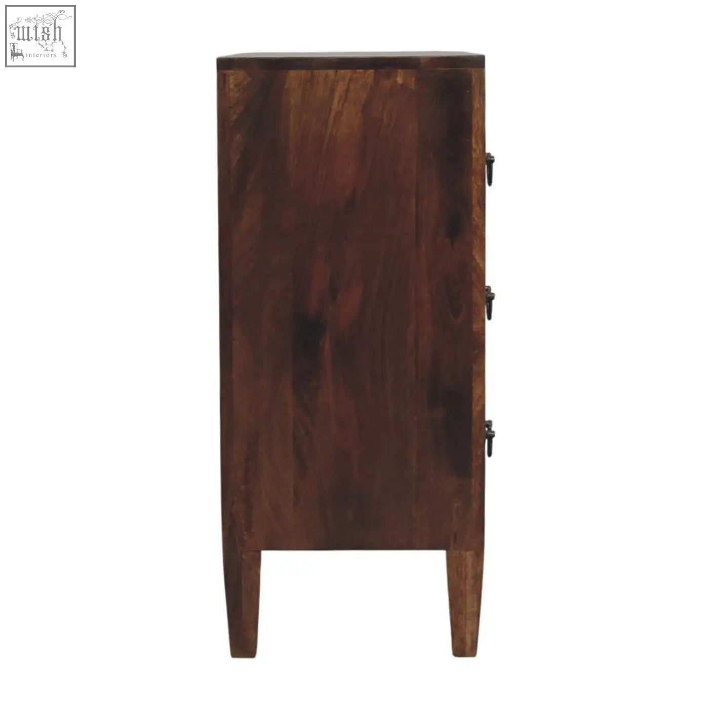 Dark brown wooden compact three drawer chest with black metal handles and spacious storage design