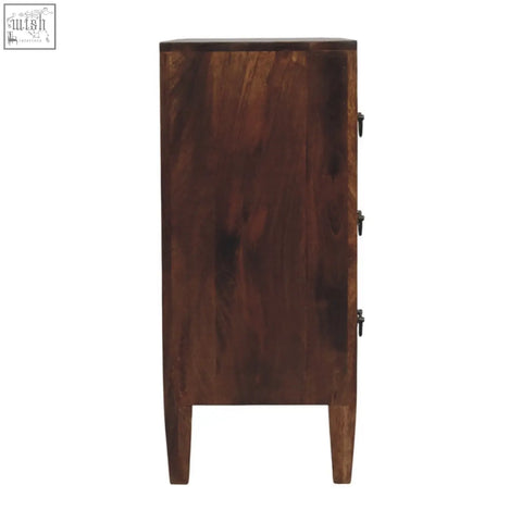 Dark brown wooden compact three drawer chest with black metal handles and spacious storage design