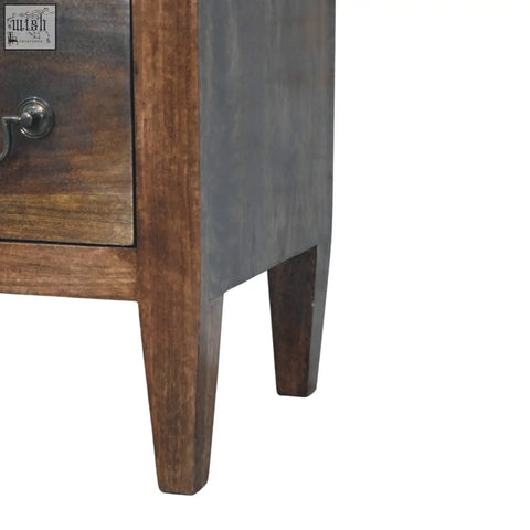 Dark wood compact three drawer chest with rustic finish and metal drawer pulls perfect for bedside storage