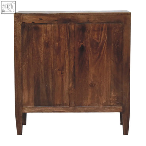 Rustic dark brown wooden compact three drawer chest with visible grain and natural wood knots