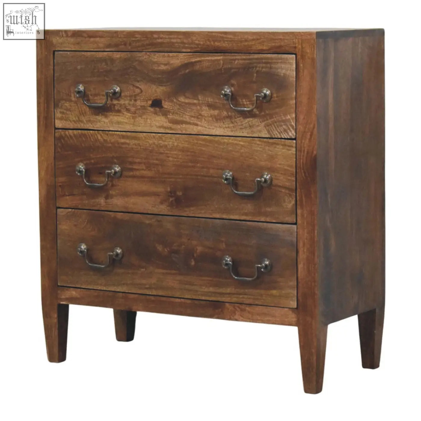 Compact three drawer chest with rustic wooden finish natural wood grain and silver metal handles