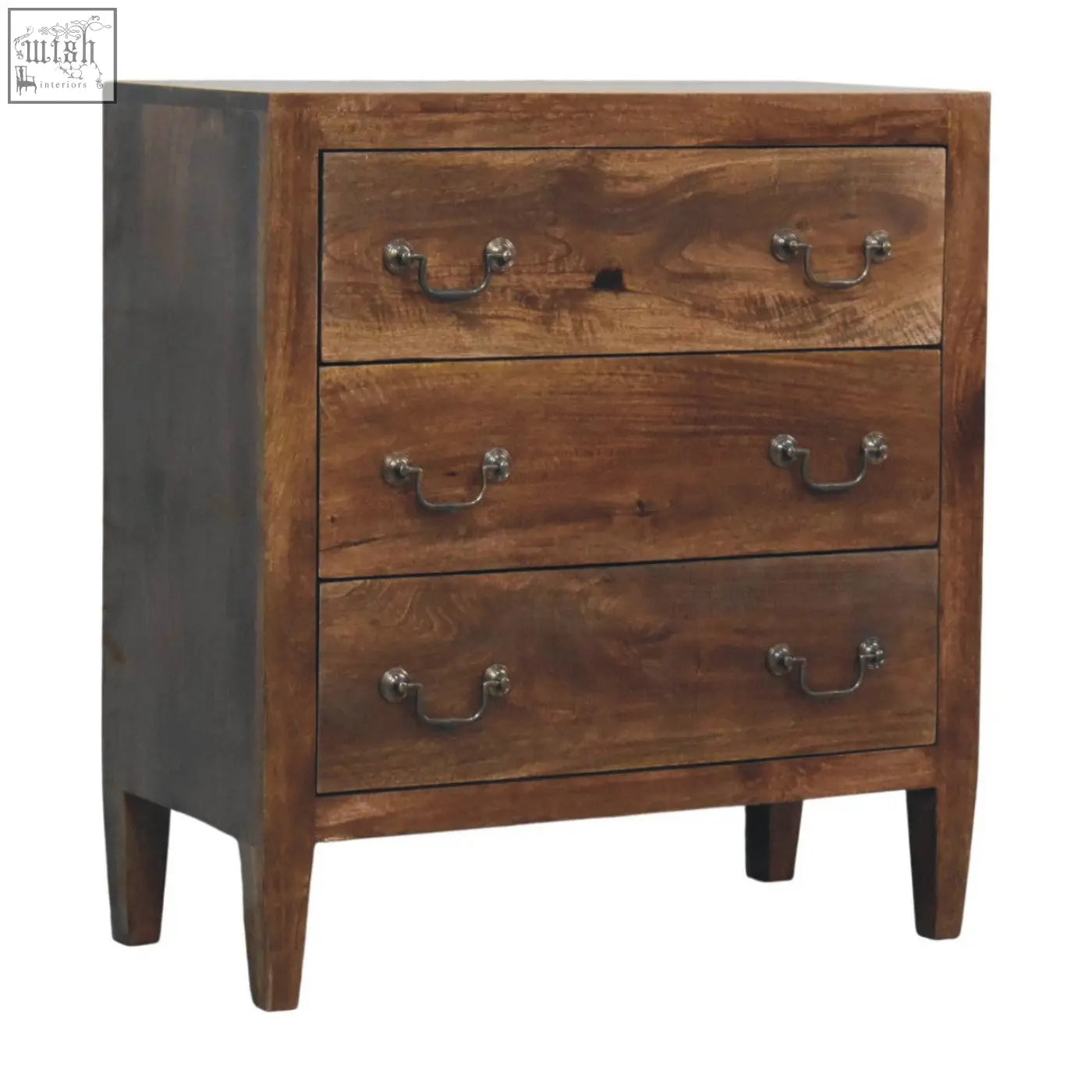 Rustic wooden compact three drawer chest with dark brown finish and metal handles for stylish storage
