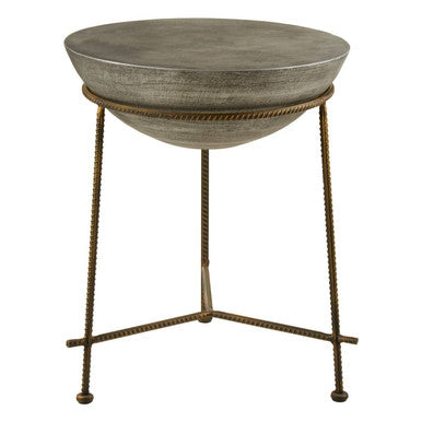 Gray textured concrete bowl shaped side table with rope rim and twisted antique silver metal legs