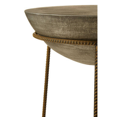 Compo concrete bowl shaped side table with antique silver metallic finish textured surface and rope wrapped legs