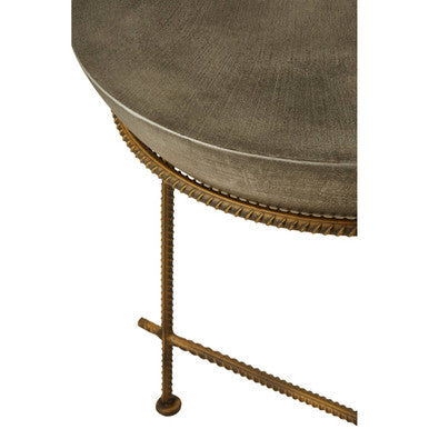 Compo concrete bowl shaped side table with round textured gray tabletop and gold-toned metal antique silver frame and legs