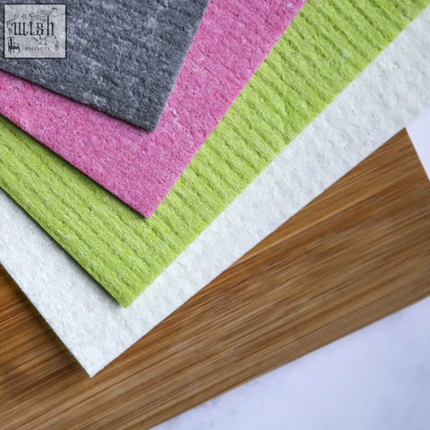 Colorful compostable swedish dish cloths set of 4 in gray pink lime green and white textured felt samples