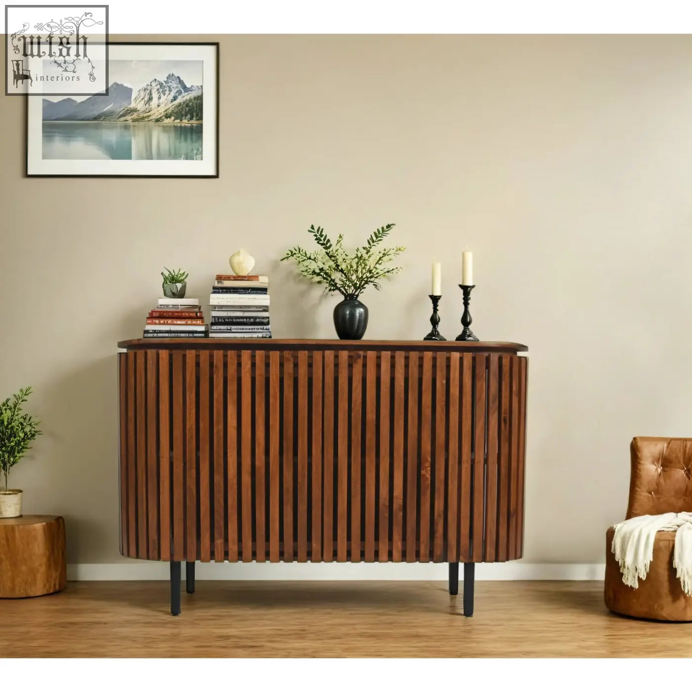 Brown wooden compton mango wood sideboard with vertical slats and black metal legs made from solid mango wood