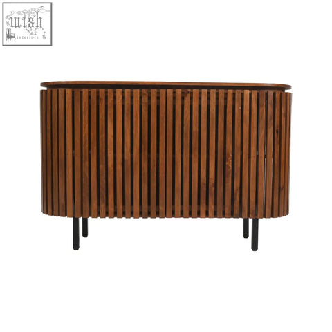 Modern wooden sideboard with vertical slats and black metal legs made from solid mango wood for stylish storage