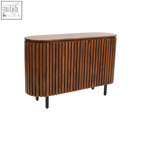 A sleek oval mango wood sideboard with vertical slats and black metal legs perfect for stylish storage
