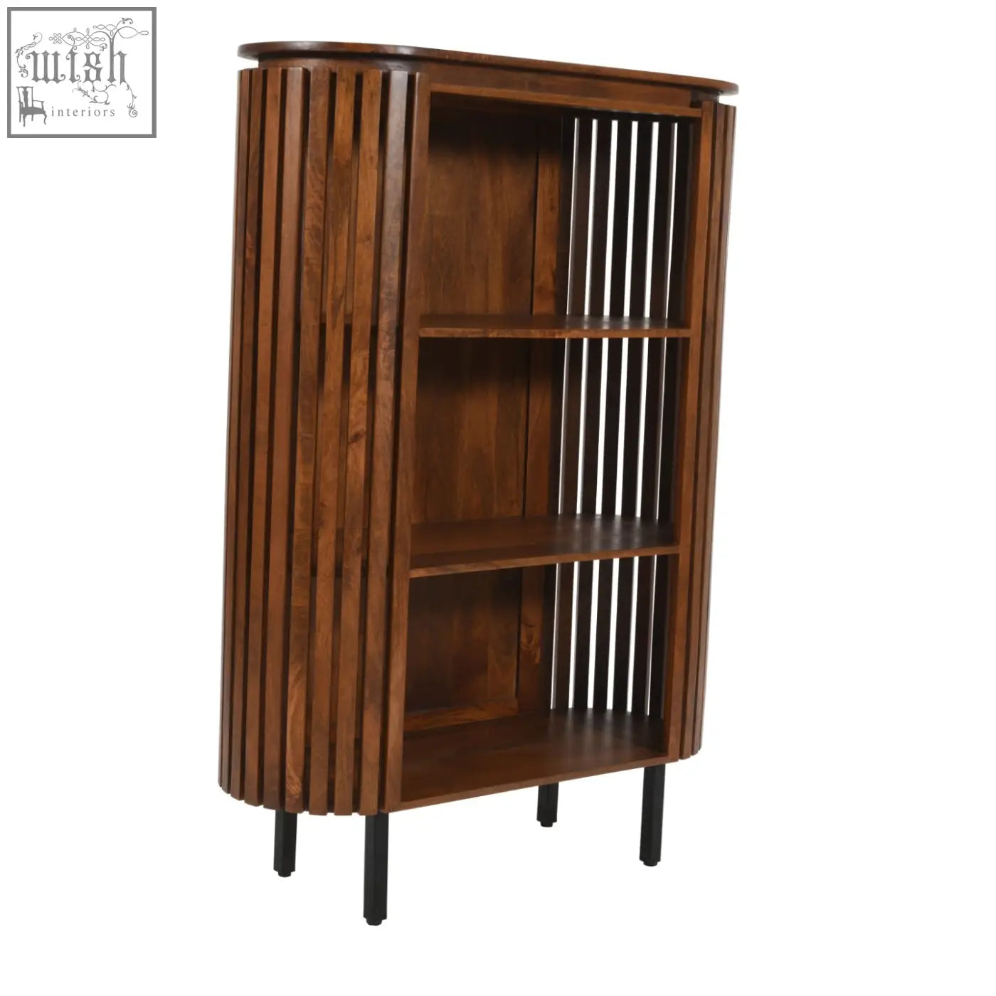 Dark brown compton mango wood bookcase with vertical slats and circular black metal legs for stylish storage