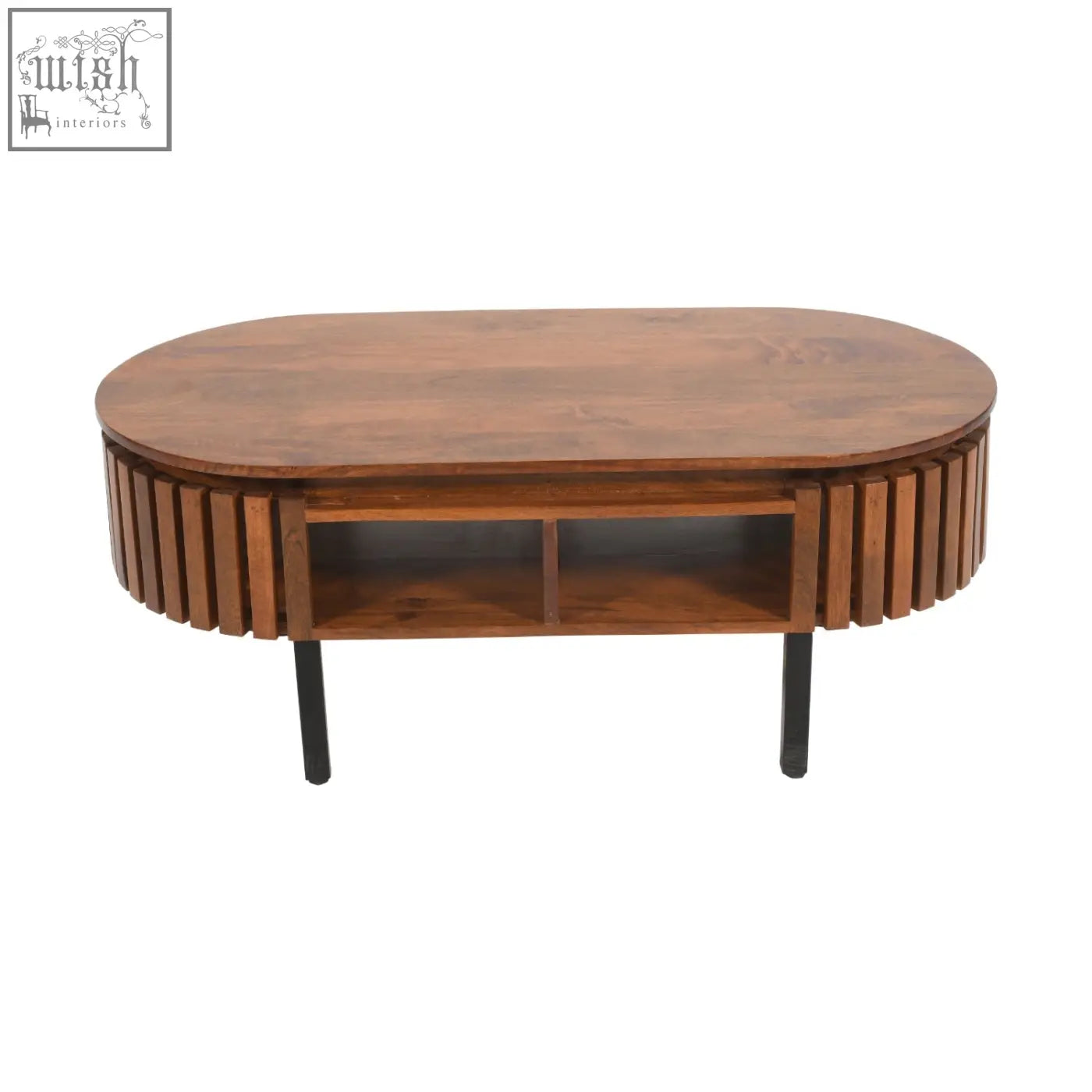 Brown oval compton mango wood coffee table with vertical slats and round metal legs perfect for any living room