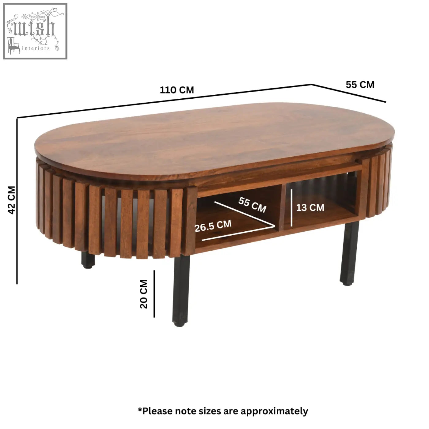 Brown wooden oval coffee table with vertical slats and round metal legs from compton mango wood collection