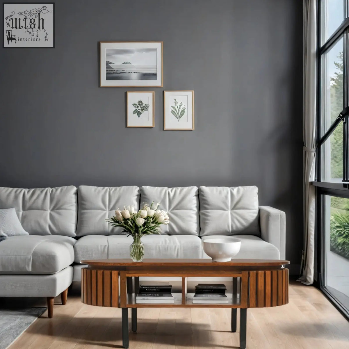 Light gray tufted leather sectional sofa paired with compton mango wood coffee table with round metal legs