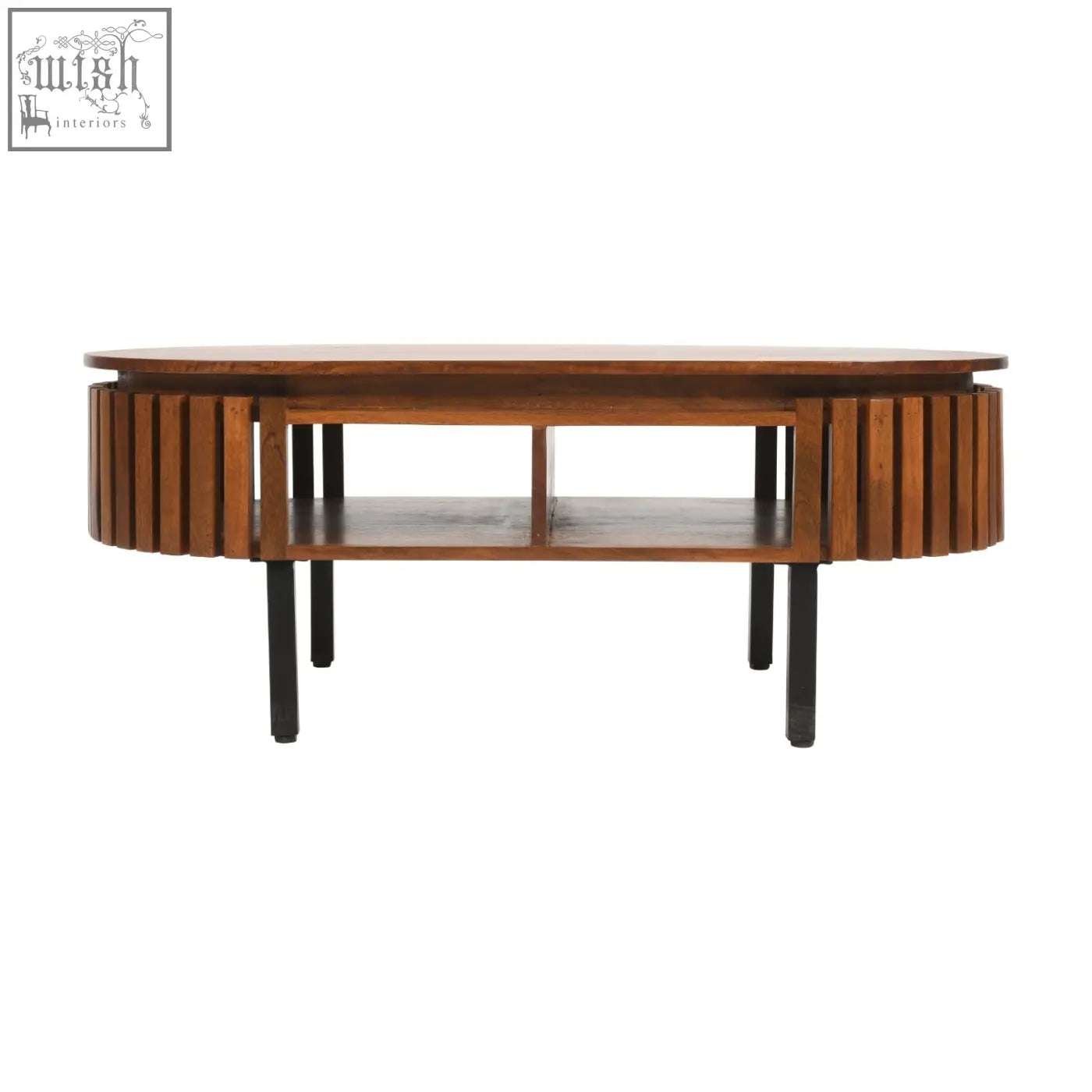 Compton mango wood coffee table with warm brown top slatted sides and sleek black round metal legs