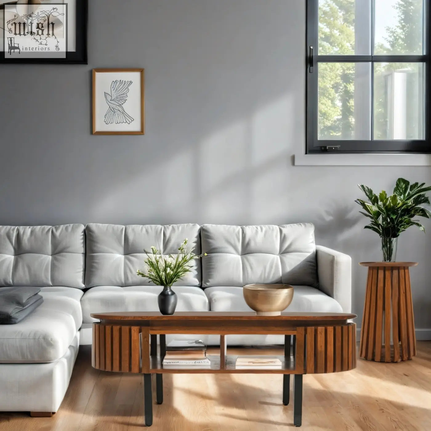 Modern compton mango wood coffee table with vertical slats and round black metal legs for stylish living rooms