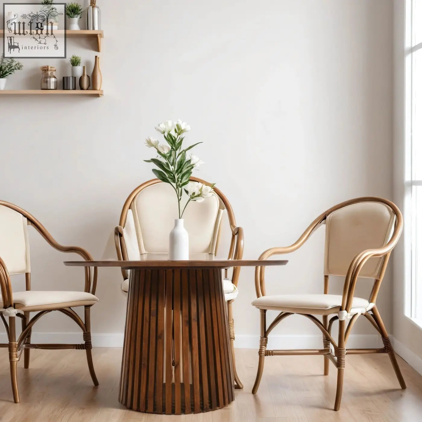 A sleek dark brown solid mango wood dining table with vertical slats and a smooth rounded top perfect for dining