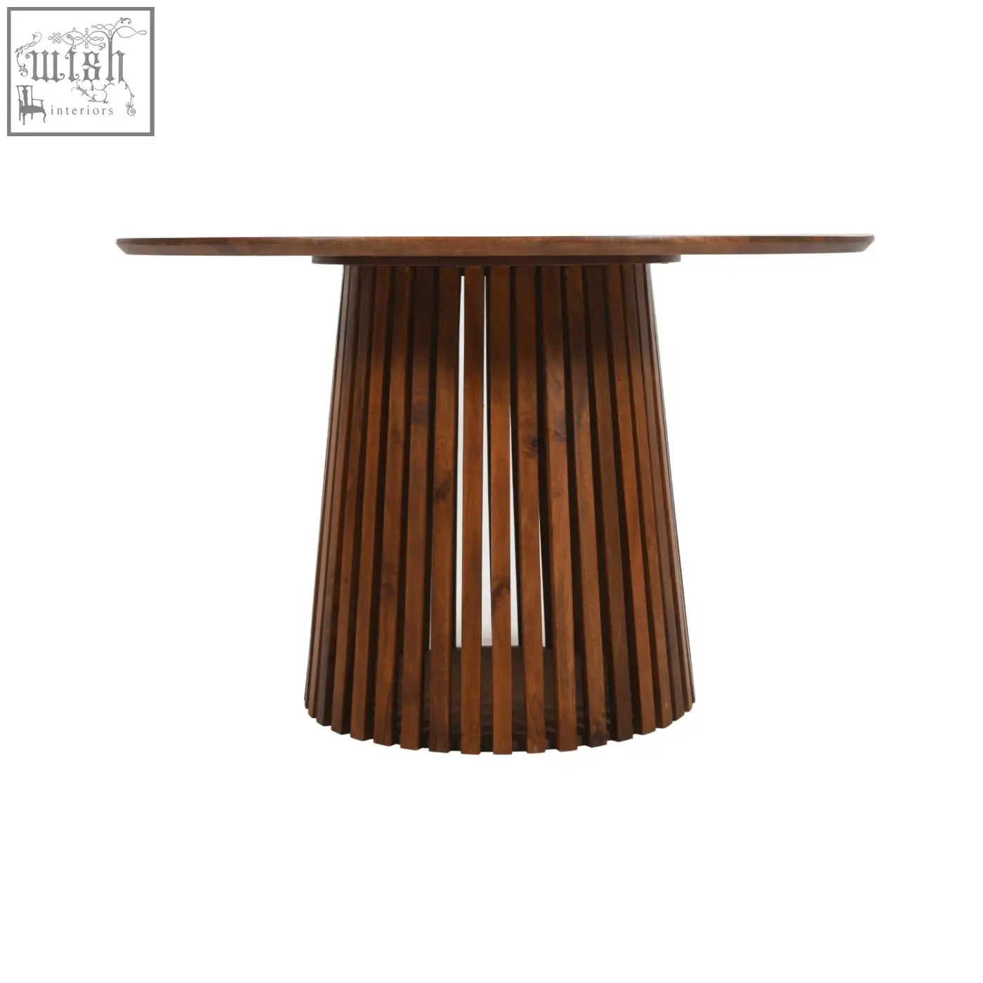 A sleek modern round dining table with a rich brown solid mango wood top and fluted vertical slat base