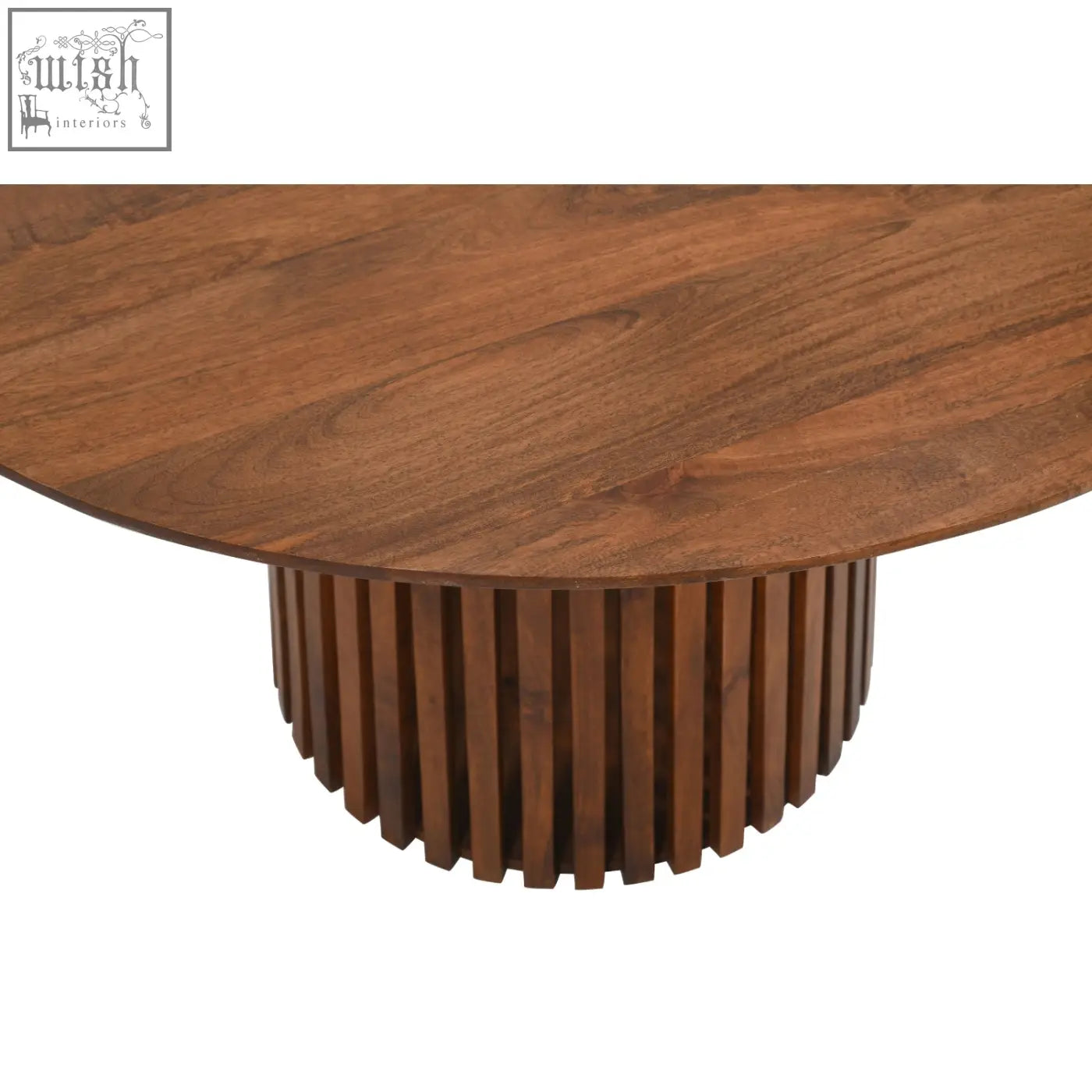 Round walnut coffee table with sleek fluted base made from solid mango wood perfect for dining table setup