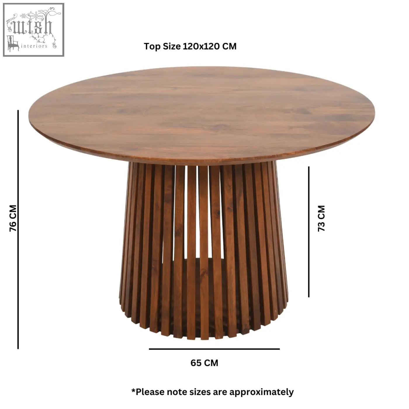 Compton mango wood round dining table with smooth medium brown finish and solid mango wood vertical slat legs