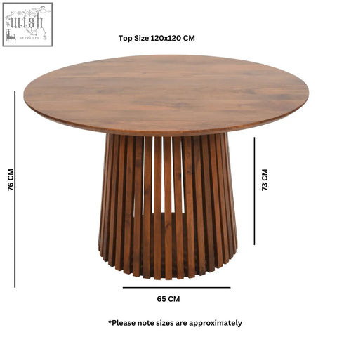 Compton mango wood round dining table with smooth medium brown finish and solid mango wood vertical slat legs