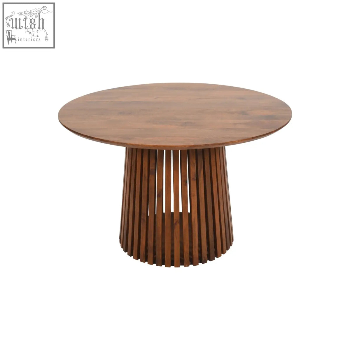 Compton mango wood dining table with solid mango wood round top and fluted pedestal base in warm brown finish