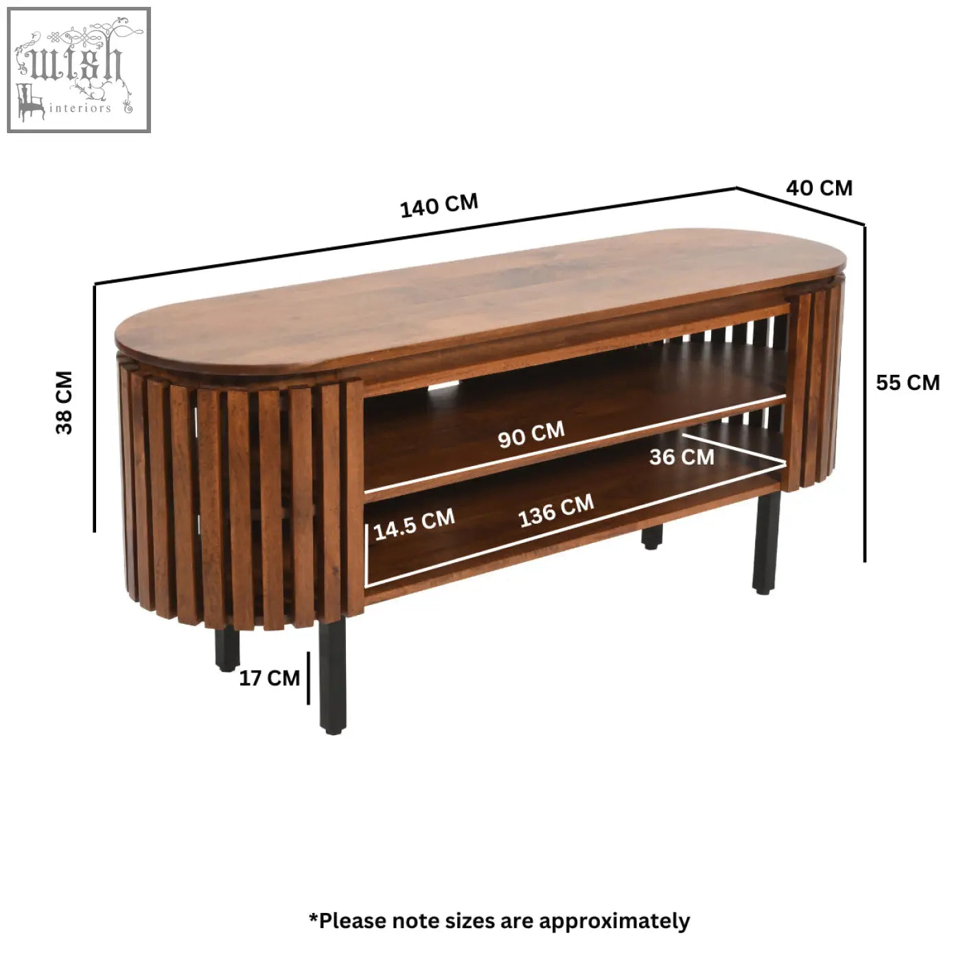 Brown wooden compton mango wood tv cabinet with black metal legs and vertical oval slat design for living room use