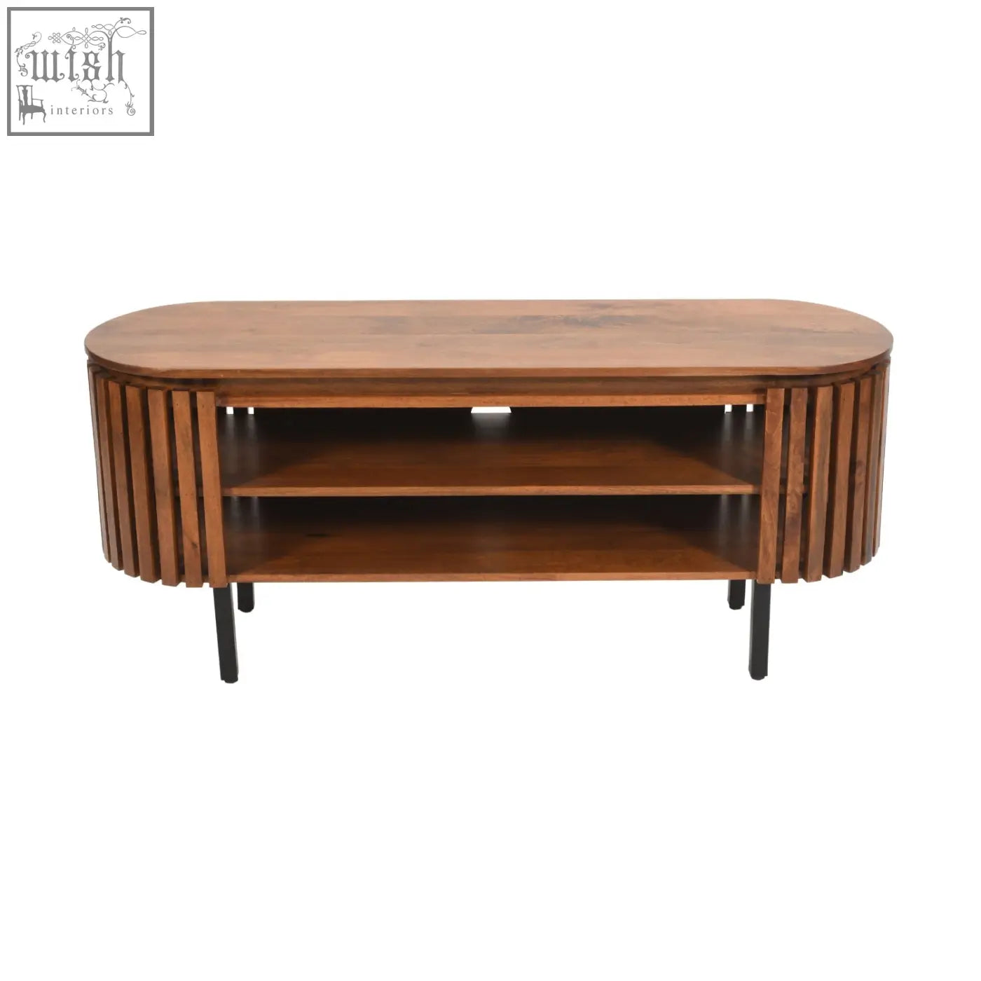 Modern oval coffee table with warm walnut finish and oval slat design sides on black metal legs in compton mango wood style