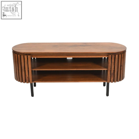 Modern oval coffee table with warm walnut finish and oval slat design sides on black metal legs in compton mango wood style