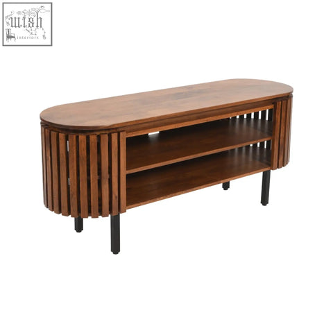 Modern oval-shaped mango wood tv cabinet with oval slat design sides and black metal legs