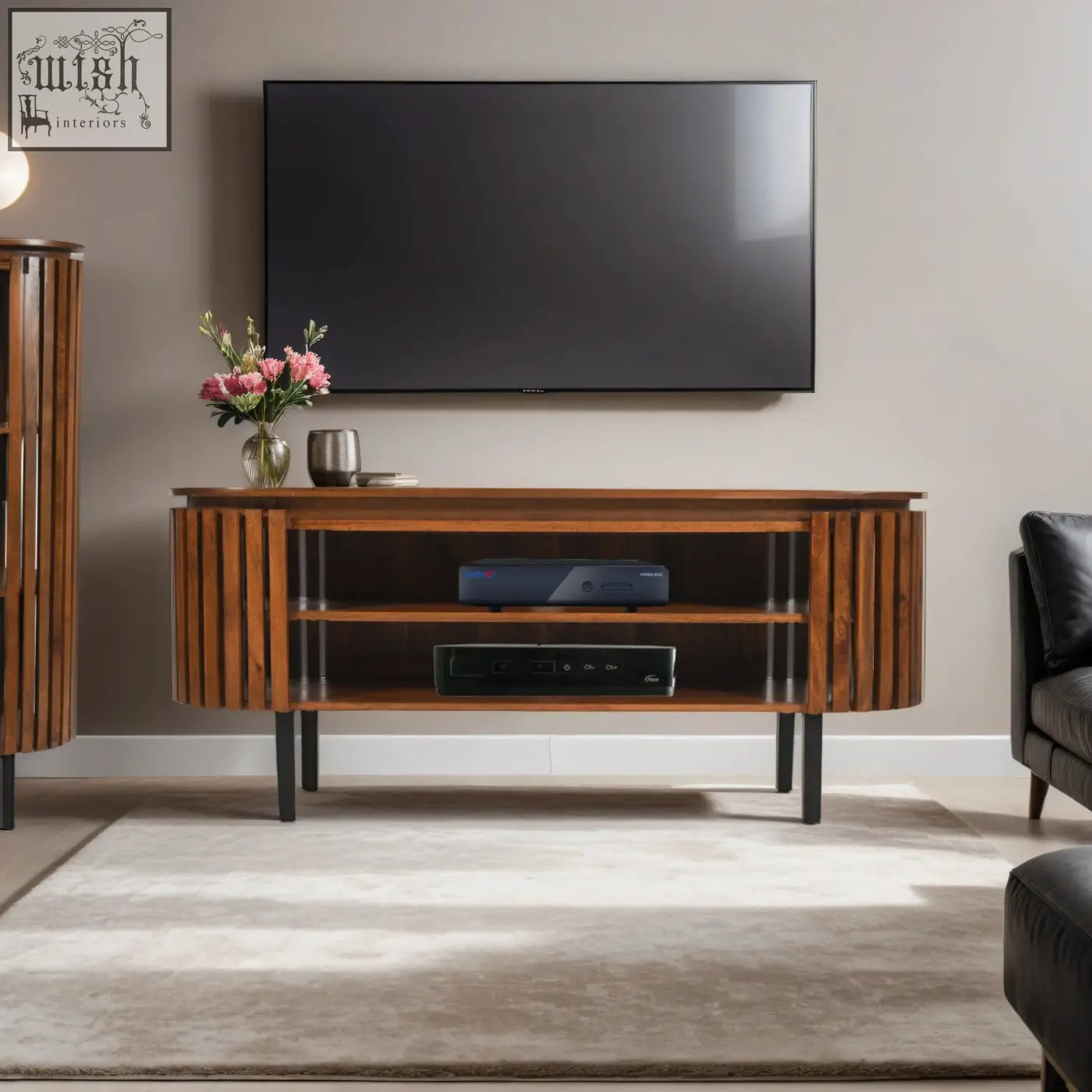 Modern compton mango wood tv cabinet with oval slat design and black metal legs for stylish storage