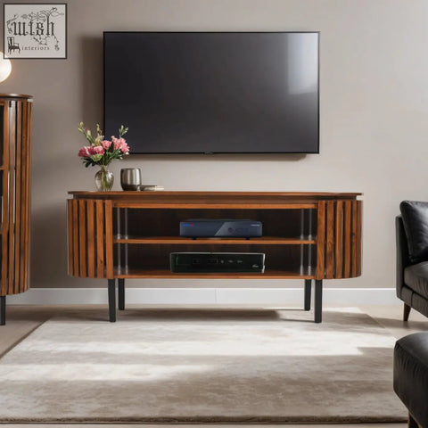 Modern compton mango wood tv cabinet with oval slat design and black metal legs for stylish storage