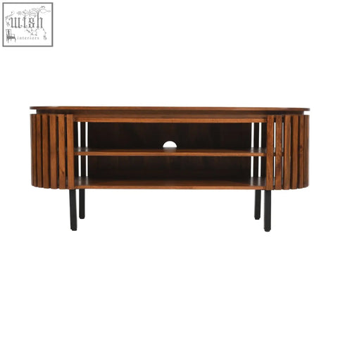 Modern compton mango wood tv cabinet with black metal legs and oval slat design for stylish media storage