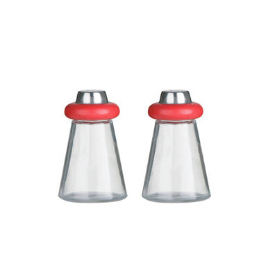 Clear glass cone condiments salt and pepper shakers with red silicone rings and stainless steel tops for kitchen use