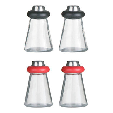 Set of four glass salt and pepper shakers with red rubber rings and stainless steel tops for red salt and pepper use