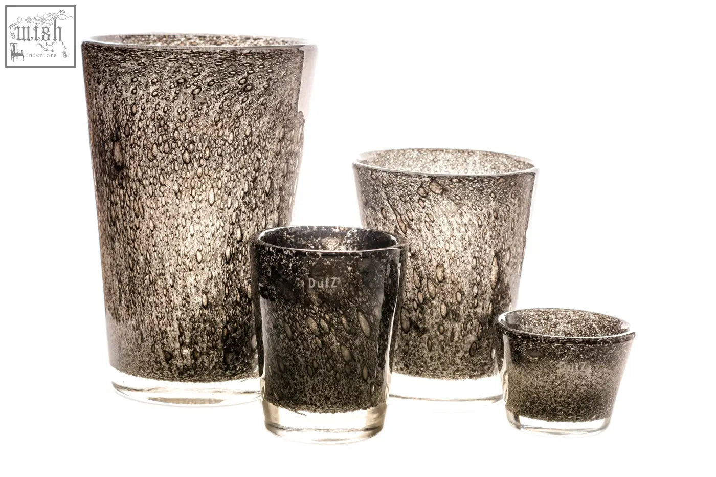 Set of four dutz collection conic vases in mouth blown thick glass with silver and black bubble patterns