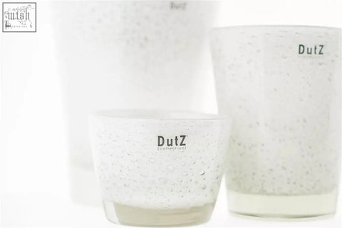 Clear glass conic vase from dutz collection with textured speckled mouth blown glass and dutz branding on each holder