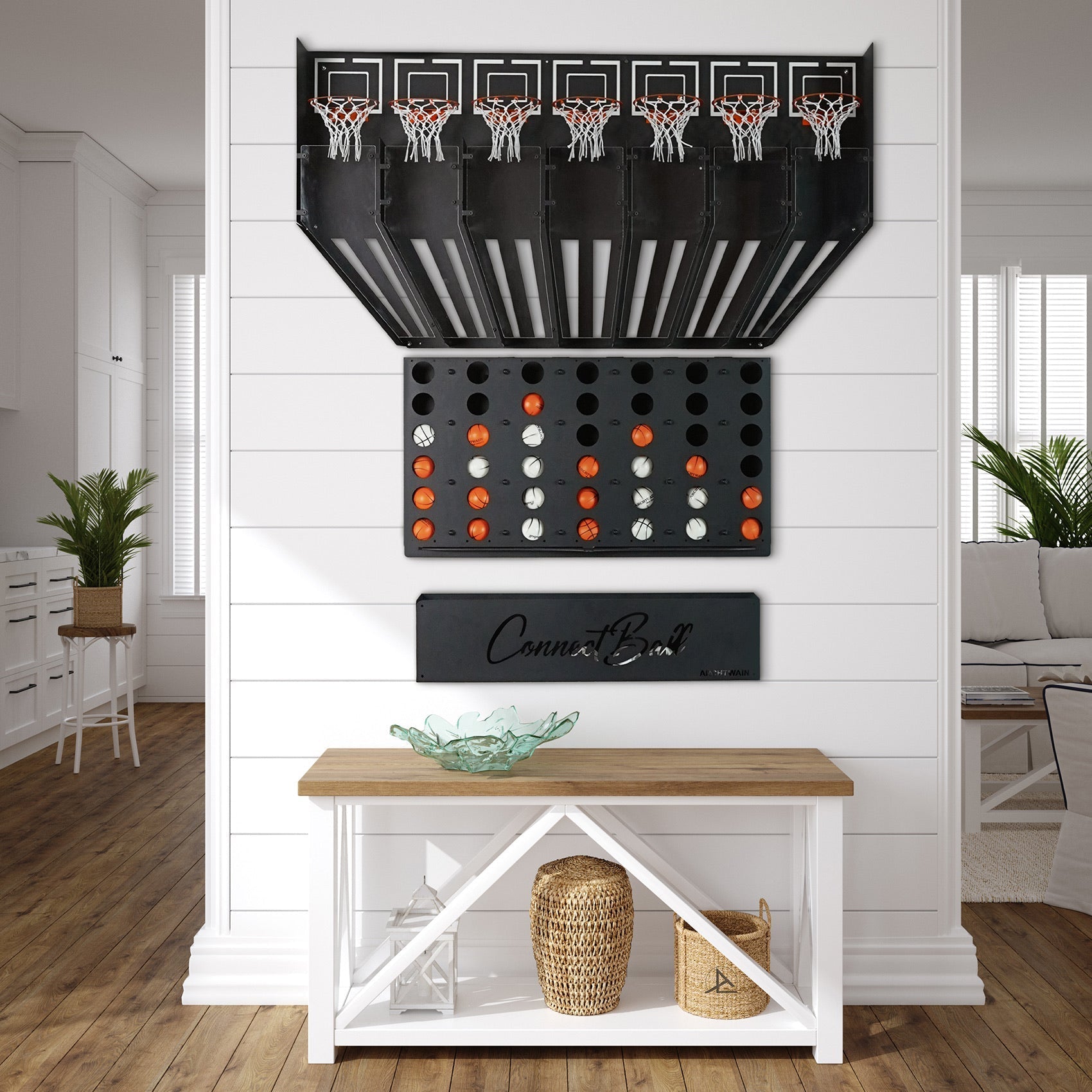 Black metal connect balls wall game with a central piece and four orange and white balls arranged in grid pattern