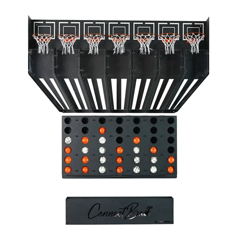 Black connect balls wall game with six hoops, central piece, and tray of orange and white balls for basketball training