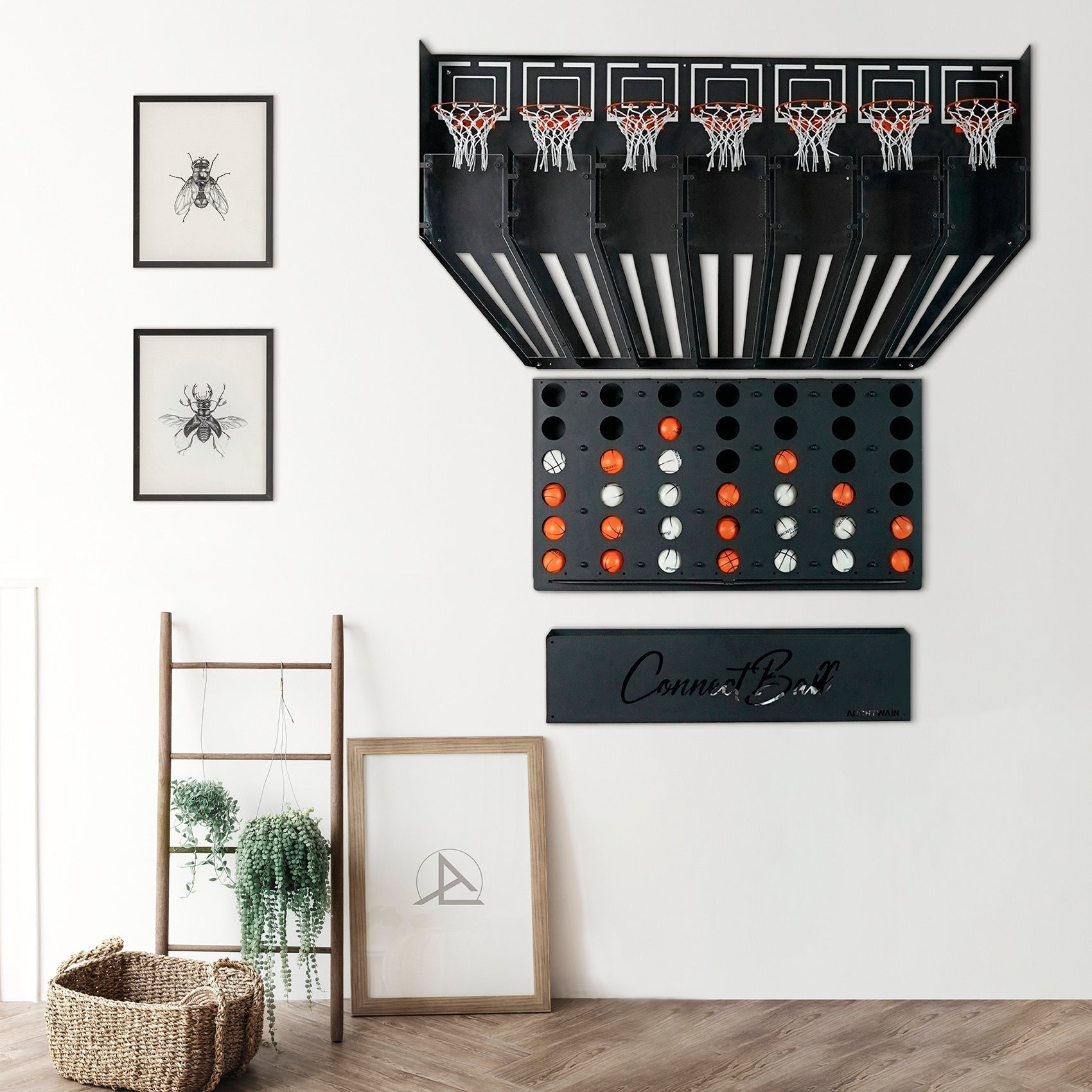 Black metal wall-mounted connect balls basketball hoop set with multiple nets and a grid of four balls below central piece