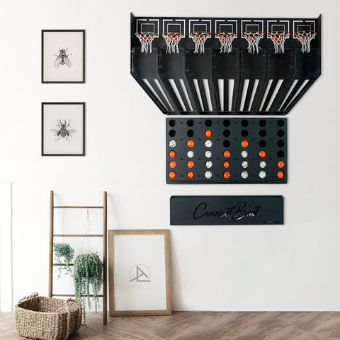 Black metal wall-mounted connect balls basketball hoop set with multiple nets and a grid of four balls below central piece