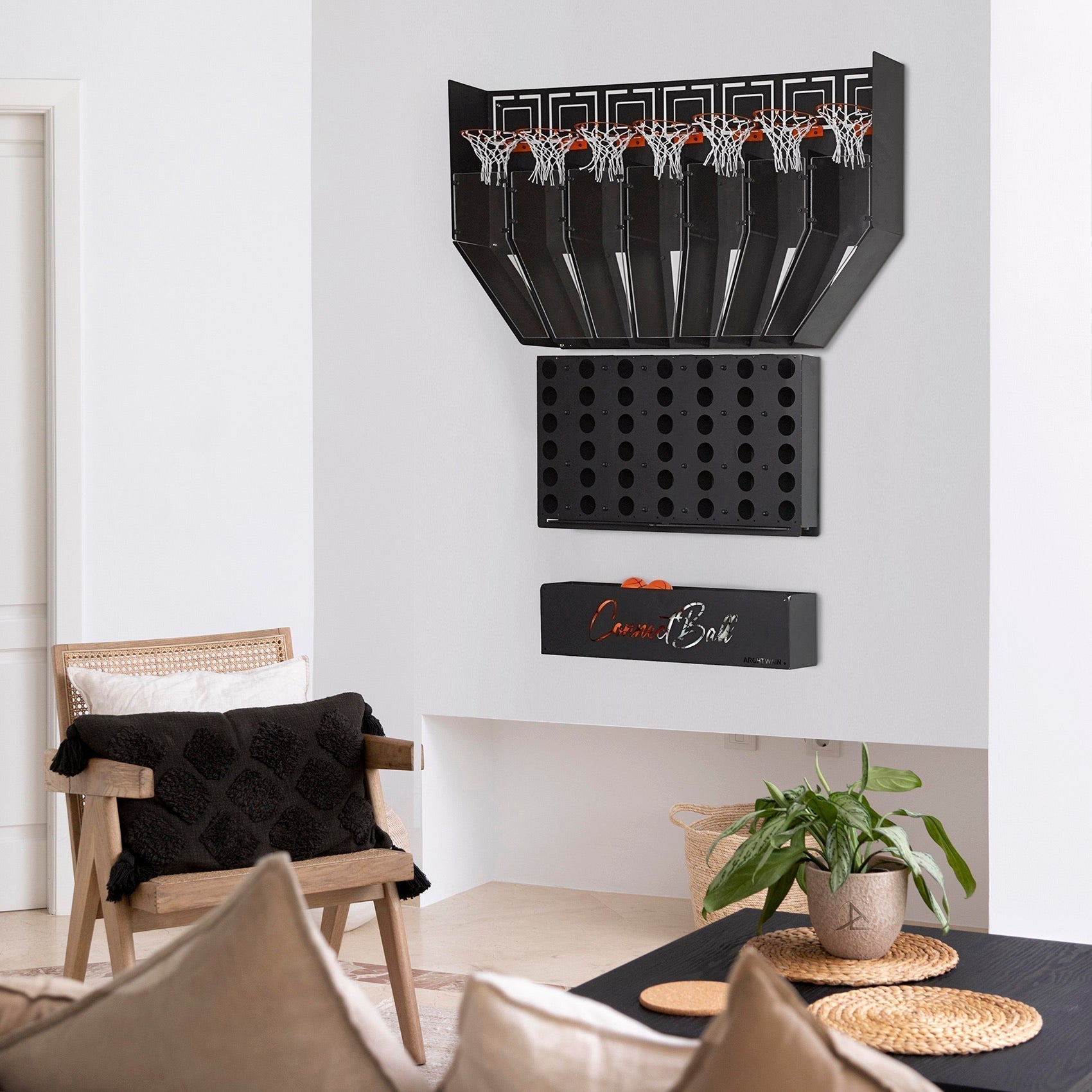 Black wall-mounted connect balls hoop set with four balls nets and central piece storage tray below for wall game